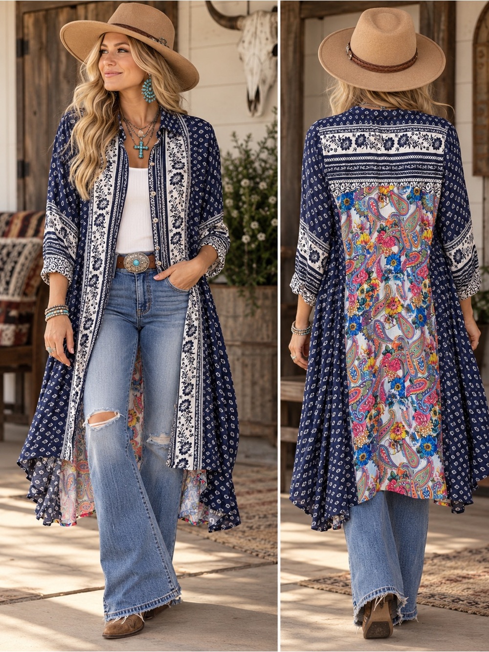 Aratta Silent Journey Floral Paisley High Low Duster Navy L